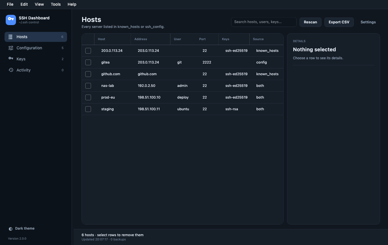 Hosts view in dark theme